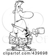 Poster, Art Print Of Cartoon Black And White Outline Design Of A Businessman In Boxers Holding A Cup Of Coffee