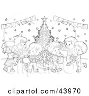 Clipart Illustration Of A Black And White Children With Gifts At A Christmas Party Coloring Page