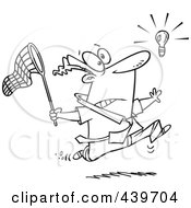 Poster, Art Print Of Cartoon Black And White Outline Design Of A Businessman Chasing An Elusive Idea With A Net