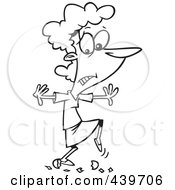 Royalty Free RF Clip Art Illustration Of A Cartoon Black And White Outline Design Of A Woman Walking On Eggshells