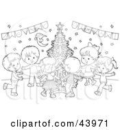 Clipart Illustration Of A Black And White Children Dancing Around A Christmas Tree Coloring Page