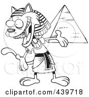 Cartoon Black And White Outline Design Of An Egyptian Cat Presenting A Pyramid