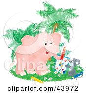 Cute Pink Elephant And Gray Mouse Doing A Word Puzzle