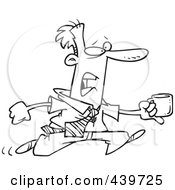 Poster, Art Print Of Cartoon Black And White Outline Design Of A Businessman Running With A Cup Of Coffee