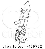 Royalty Free RF Clip Art Illustration Of A Cartoon Black And White Outline Design Of A Businessman Shooting Off With A Rocket