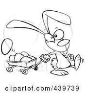 Royalty Free RF Clip Art Illustration Of A Cartoon Black And White Outline Design Of A Bunny Pulling A Wagon Of Easter Eggs
