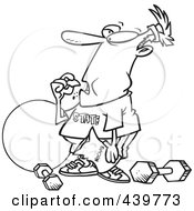 Royalty Free RF Clip Art Illustration Of A Cartoon Black And White Outline Design Of A Man Bingeing Instead Of Exercising by toonaday