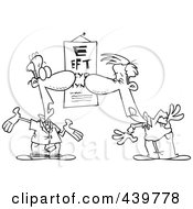 Royalty Free RF Clip Art Illustration Of A Cartoon Black And White Outline Design Of A Man Reading An Eye Chart