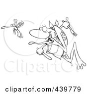 Cartoon Black And White Outline Design Of A Frog Chasing A Bug With A Fork And Knife