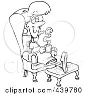 Poster, Art Print Of Cartoon Black And White Outline Design Of A Pregnant Woman Relaxing In A Chair With A Warm Beverage