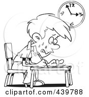 Poster, Art Print Of Cartoon Black And White Outline Design Of A Stressed School Boy Taking An Exam