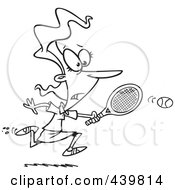 Poster, Art Print Of Cartoon Black And White Outline Design Of A Woman Chasing An Elusive Tennis Ball