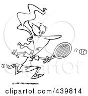 Royalty Free RF Clip Art Illustration Of A Cartoon Black And White Outline Design Of A Woman Chasing An Elusive Tennis Ball