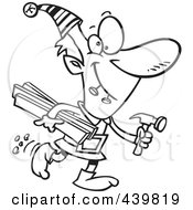 Royalty Free RF Clip Art Illustration Of A Cartoon Black And White Outline Design Of A Christmas Elf Carrying Lumber And A Hammer