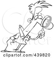Poster, Art Print Of Cartoon Black And White Outline Design Of A Man Leaning Forward And Examining With A Magnifying Glass