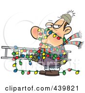 Poster, Art Print Of Cartoon Man Tangled In Christmas Lights Carrying A Ladder
