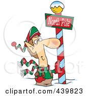Cartoon Christmas Elf Leaning Against A North Pole Post