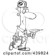 Poster, Art Print Of Cartoon Black And White Outline Design Of A Male Electrician Carrying A Drill