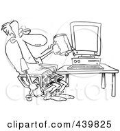 Cartoon Black And White Outline Design Of A Man Holding A Coffee Mug Upside Down In Front Of A Computer