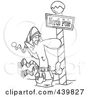 Cartoon Black And White Outline Design Of A Christmas Elf Leaning Against A North Pole Post