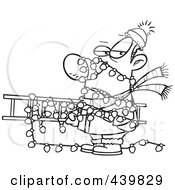 Royalty Free RF Clip Art Illustration Of A Cartoon Black And White Of A Man Tangled In Christmas Lights Carrying A Ladder