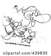 Poster, Art Print Of Cartoon Black And White Outline Design Of A Christmas Elf Running With Paint