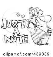 Cartoon Black And White Outline Design Of An Engineer Leaning On Just A Note Text