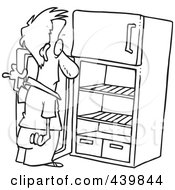 Royalty Free RF Clip Art Illustration Of A Cartoon Black And White Outline Design Of A Man Staring In An Empty Fridge