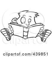 Poster, Art Print Of Cartoon Black And White Outline Design Of An Enthralled Boy Reading A Book