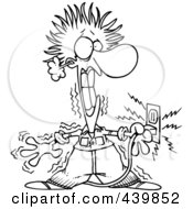 Poster, Art Print Of Cartoon Black And White Outline Design Of An Electrician Being Electrocuted