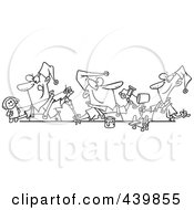 Royalty Free RF Clip Art Illustration Of A Cartoon Black And White Outline Design Of Three Christmas Elves Making Toys