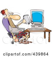 Cartoon Man Holding A Coffee Mug Upside Down In Front Of A Computer