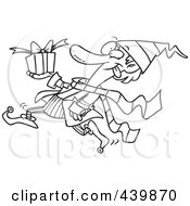 Poster, Art Print Of Cartoon Black And White Outline Design Of A Christmas Elf Running With A Gift