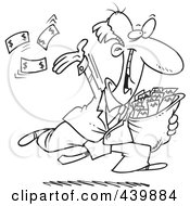 Poster, Art Print Of Cartoon Black And White Outline Design Of A Charitable Rich Businessman Throwing Money
