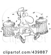 Cartoon Black And White Outline Design Of A Happy Garbage Man Carrying Trash Cans
