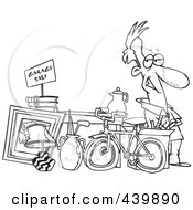 Cartoon Black And White Outline Design Of A Man Selling His Stuff At A Yard Sale