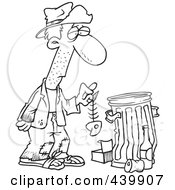 Poster, Art Print Of Cartoon Black And White Outline Design Of A Hungry Homeless Man Holding A Fish Bone By A Trash Can