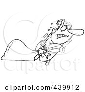 Royalty Free RF Clip Art Illustration Of A Cartoon Black And White Outline Design Of A Man Pulling A Heavy Trash Bag
