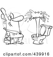 Cartoon Black And White Outline Design Of A Plumber Admiring A Geyser In A Toilet