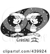 Royalty Free RF Clip Art Illustration Of A Cartoon Black And White Outline Design Of Twin Geminis Over A Black Starry Oval by toonaday
