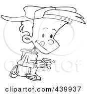 Poster, Art Print Of Cartoon Black And White Outline Design Of A Boy Walking And Playing A Video Game