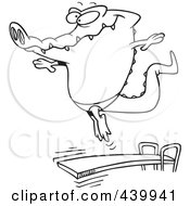Cartoon Black And White Outline Design Of A Gator Bouncing Off A Diving Board