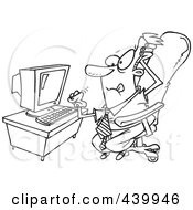 Poster, Art Print Of Cartoon Black And White Outline Design Of A Stressed Businessman With A Computer Problem