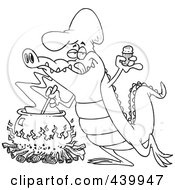 Royalty Free RF Clip Art Illustration Of A Cartoon Black And White Outline Design Of A Gator Making Soup