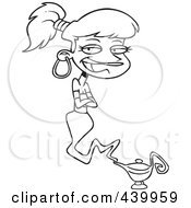 Royalty Free RF Clip Art Illustration Of A Cartoon Black And White Outline Design Of A Female Genie Emerging From A Lamp by toonaday