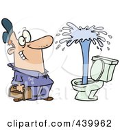 Cartoon Plumber Admiring A Geyser In A Toilet
