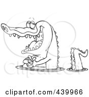 Royalty Free RF Clip Art Illustration Of A Cartoon Black And White Outline Design Of A Happy Gator Wading In Water