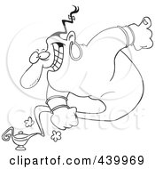 Royalty Free RF Clip Art Illustration Of A Cartoon Black And White Outline Design Of A Male Genie Emerging From A Lamp