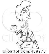 Cartoon Black And White Outline Design Of A Lady Hitch Hiking With A Gas Can