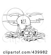 Poster, Art Print Of Cartoon Black And White Outline Design Of A Zombie Rising From The Grave